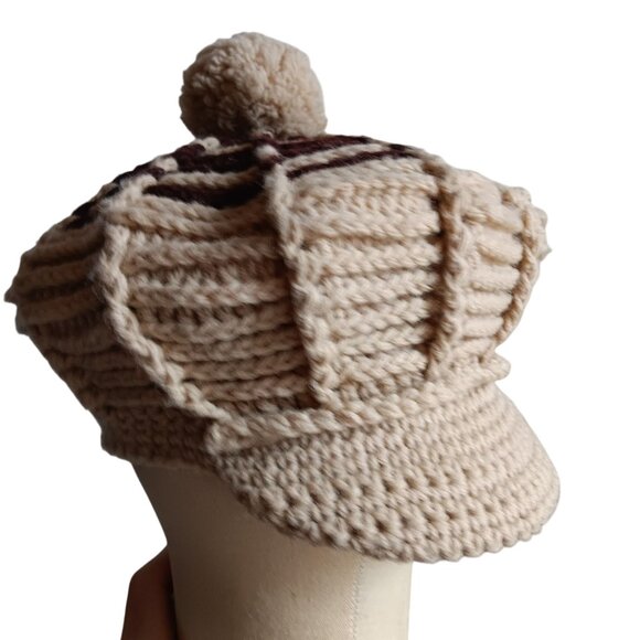 1OF1 OSFA Vintage Handmade Crochet Beret With Pom-Pom Striped Knit Cap unisex - Picture 1 of 8